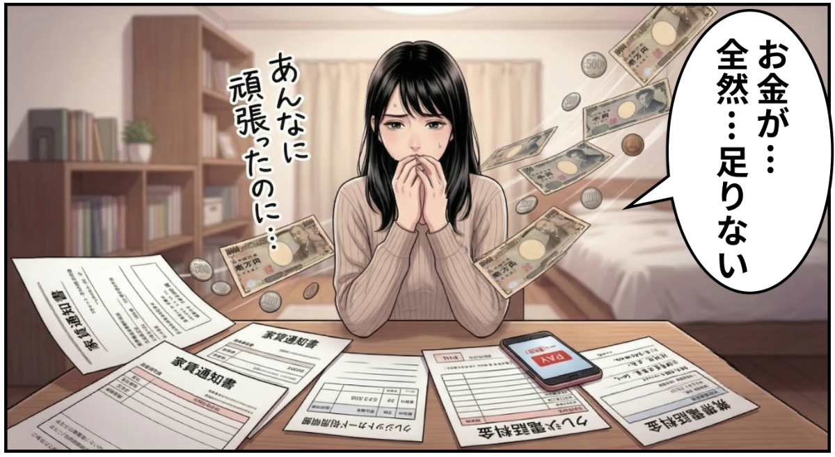 今のバイトでは収入が足りず困る女性を描いた漫画
