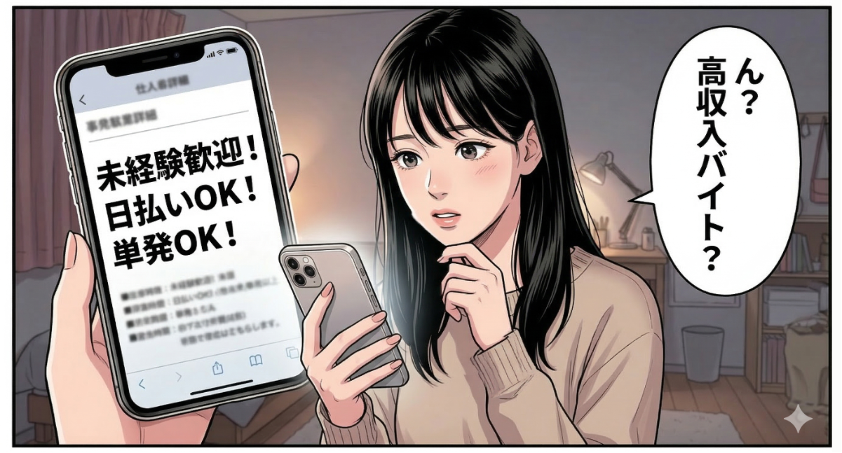 高収入バイトの案内を知る女性を描いた漫画